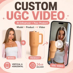 Pode incluir: Gráfico promocional para vídeos UGC personalizados. A imagem mostra uma modelo, uma caneca HydroJug cor de pêssego e um telefone exibindo um vídeo. O texto inclui "CUSTOM UGC VIDEO", "AI Influencer + Your Product" e "24HR DELIVERY."