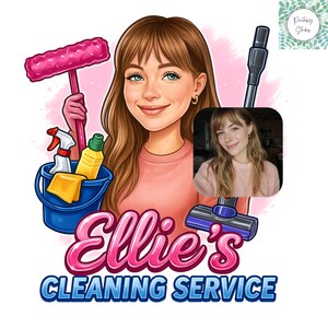 May include: A cartoon illustration of a woman with long brown hair and blue eyes, holding cleaning supplies. The image includes a pink mop, a blue bucket with cleaning products, and the text "Ellie's Cleaning Service."