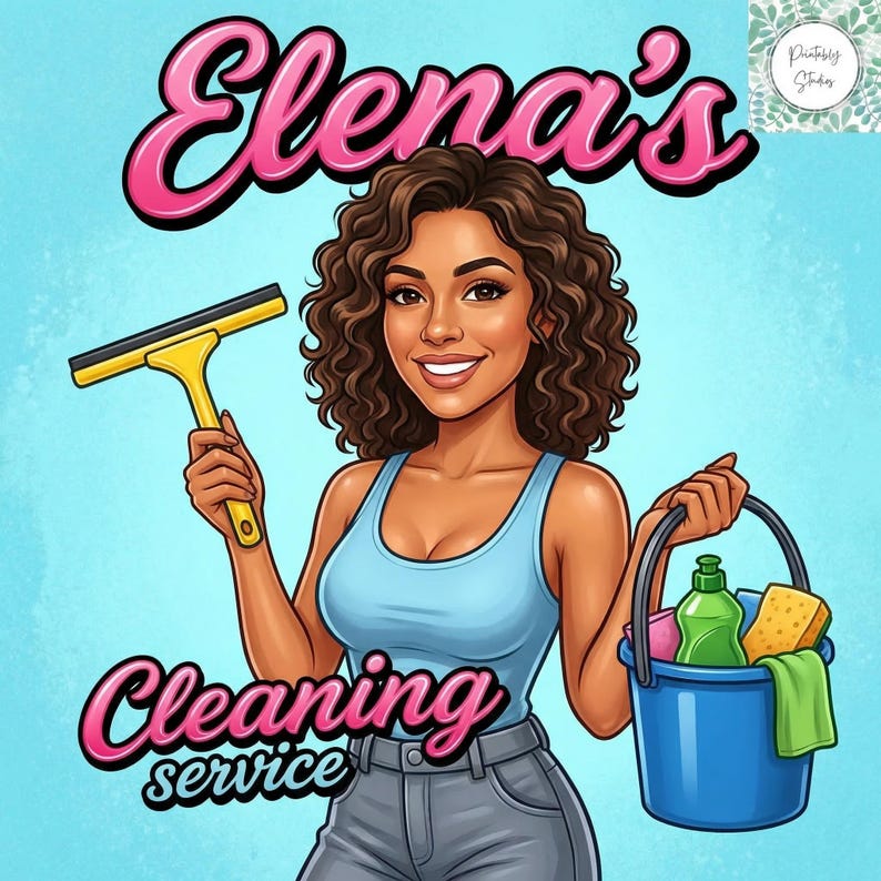 Custom Cleaning Business Logo Design: Cartoon Portrait, Housekeeping Service (Digital Download) image 14