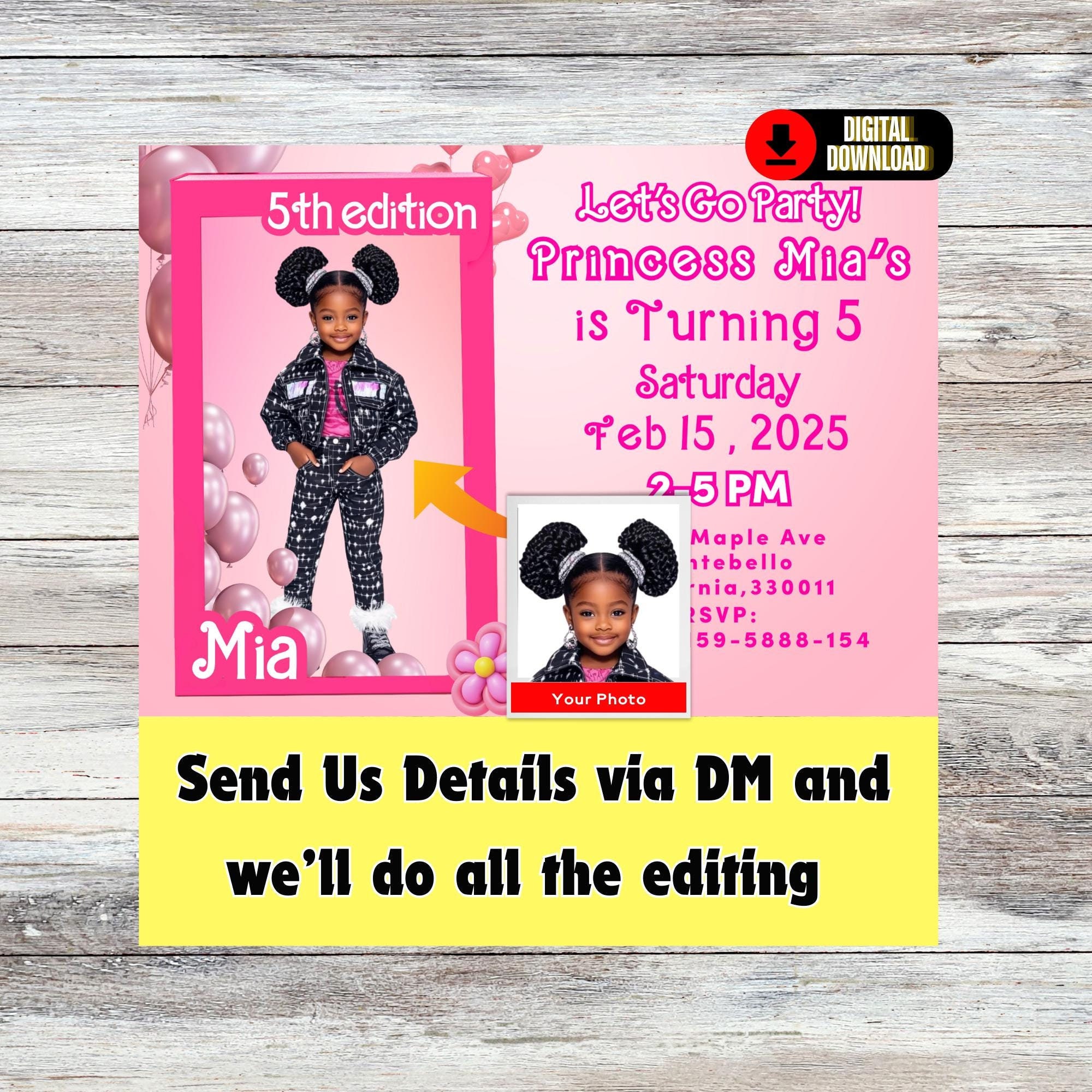 Black Doll Box Inspired Photo Birthday Invitation - Custom Pink Glam Invite - Personalized Girl’s Birthday Pink doll Party invitation BRBI