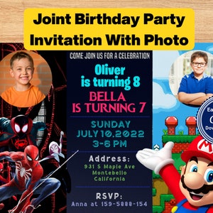 Superhero Sibling Birthday Invitation With Photo,Double Birthday Invitation,Joint Dual Combined Twins Birthday Invitation,Spiderman - Mario