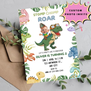 Dinosaur Birthday Invitation: Custom Photo, Three Rex Party (Digital Download)