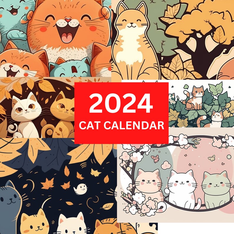 2024 Illustrated Cat Calendar Monthly Calendar Printable A4 Size Cat