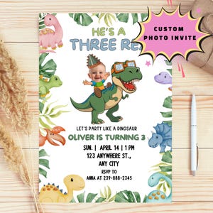 Three Rex Birthday Invitation: Custom Dinosaur Photo (Digital Download)