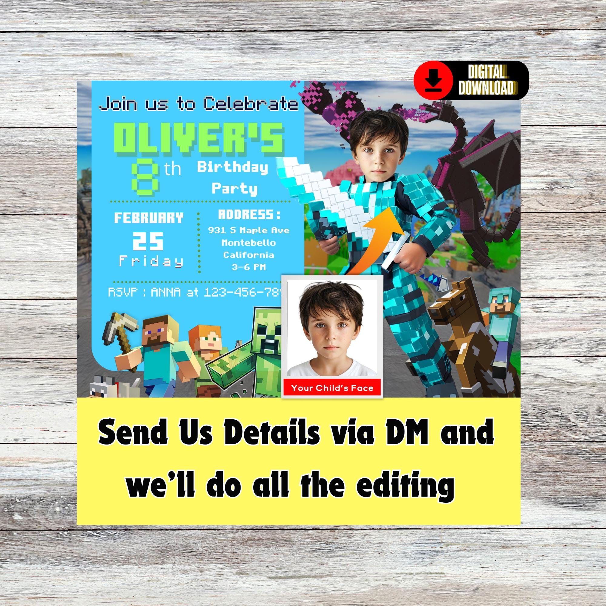 Custom Mine Gamer personalized with photo birthday invitation,Gamer Birthday Face Swap Invite,Custom Gamer Invite 7x5 Inches