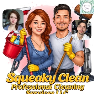 May include: Cartoon illustration of a smiling couple, a woman with red hair holding a mop and bucket, and a man holding a broom. The text "Squeaky Clean Professional Cleaning Services LLC" is displayed in yellow.