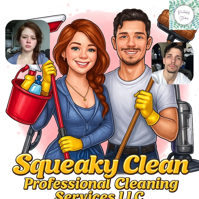 May include: Cartoon illustration of a smiling couple, a woman with red hair holding a mop and bucket, and a man holding a broom. The text "Squeaky Clean Professional Cleaning Services LLC" is displayed in yellow.