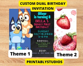 Double Birthday Invitations,Sibling Joint Birthday Invitation,Split birthday invitations,Any Theme birthday invitations for 2 people Twins