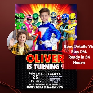 Super Rangers Heroes personalisierte Geburtstagseinladung mit Foto, Kinder-Gesichtstausch-Geburtstagseinladung, Foto-Geburtstagskarte, 13 x 18 Zoll