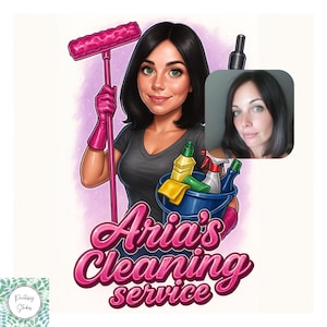 May include: A cartoon illustration of a woman holding a pink mop and wearing pink gloves. She is smiling and holding a blue bucket filled with cleaning supplies. The text "Aria's Cleaning Service" is displayed in pink cursive font.