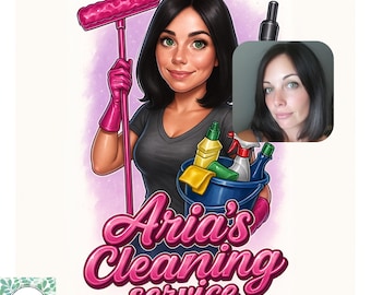 Custom Cleaning Business Logo Design: Cartoon Portrait, Housekeeping Service (Digital Download