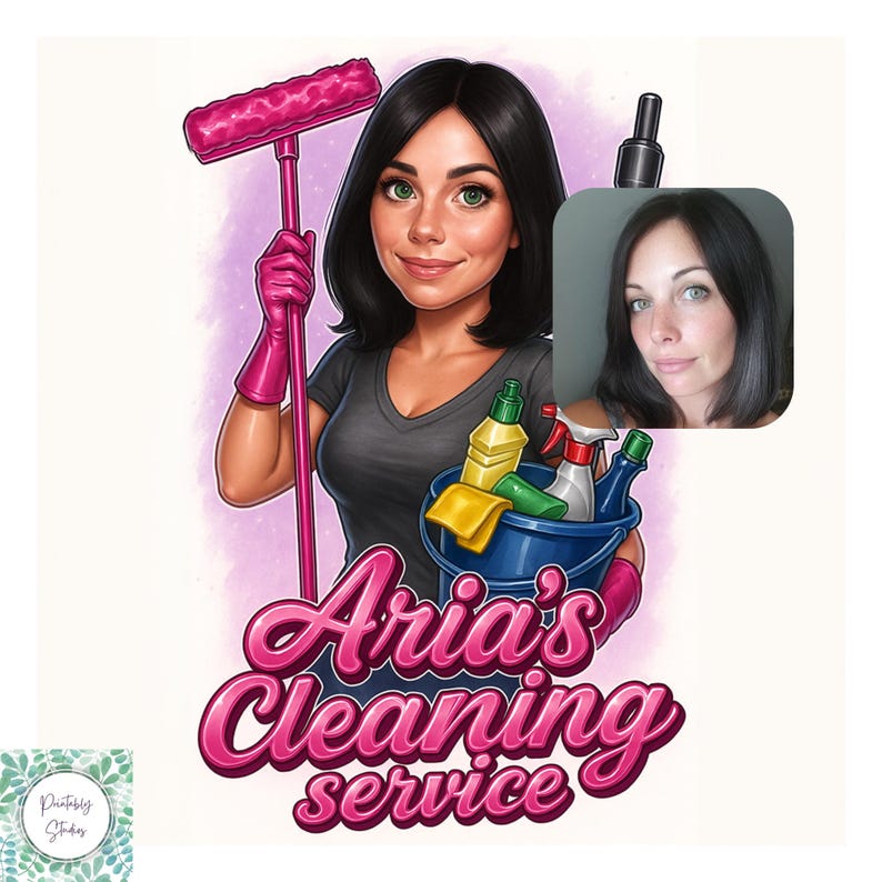 May include: A cartoon illustration of a woman holding a pink mop and wearing pink gloves. She is smiling and holding a blue bucket filled with cleaning supplies. The text "Aria's Cleaning Service" is displayed in pink cursive font.