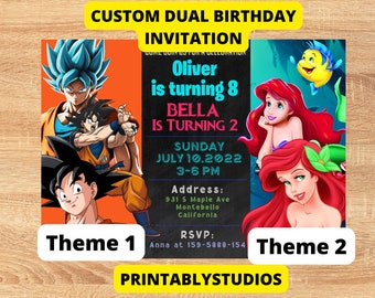 Sibling Birthday Invitation,Joint Birthday Invitation,Any Theme Dual Combined Twins Birthday Invitation,Twins boy girl Invite,Two Theme