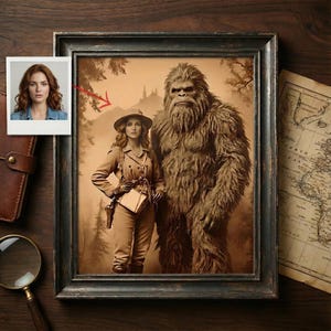 May include: Framed sepia-toned artwork featuring a woman in a safari outfit standing next to a large, hairy Bigfoot-like creature. The artwork is in a dark wooden frame, with a vintage map and a photo of a woman in the background.