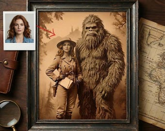 Custom Sasquatch Portrait from Photo, Vintage Explorer Style with Cryptid Companion, Yeti Artwork