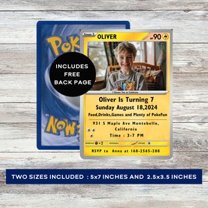 Pokemone Card Birthday Invitation with Picture Photo Printable Editable Template Canva Digital Invitation 5x7 & 2.5 x 3.5 Inches PKMN