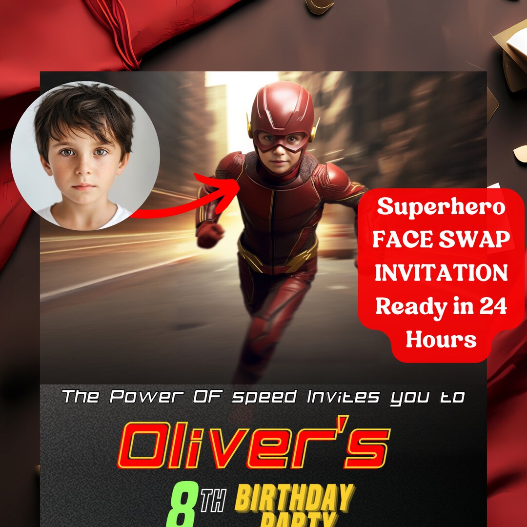 Custom Superhero Lightning Speed Theme Face Swap Birthday Invitation ...