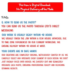May include: A red banner at the top states "This Item is Digital Download. No Physical Delivery will be Made." Below, FAQs answer questions about sending photos via Etsy messaging, delivery times, and the creation process, emphasizing original designs and professional quality.