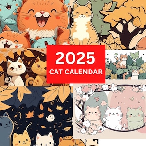 Calendario ilustrado de gatos 2025, lindo calendario de gatos imprimible, inicio en domingo y lunes, ilustraciones de gatos, descarga instantánea, tamaño A4 y 8,5 x 11