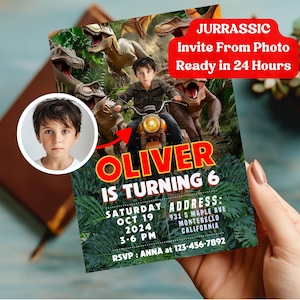 Dinossauro personalizado com convite de aniversário com foto Cartão de aniversário T-Rex Convite de aniversário com troca de rosto, convite jurássico, convite de super-herói