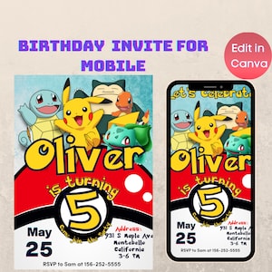 Poke Invitation |  Birthday Party invite | Digital Poke Card Invitation Printable Birthday Party Invitations 1080x1920px PKMN