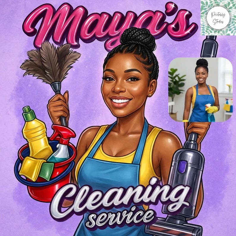 Custom Cleaning Business Logo Design: Cartoon Portrait, Housekeeping Service (Digital Download) image 9