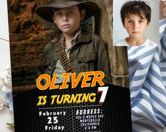 Personalized Indiana Birthday Invitation: Photo Face Swap, 80s Film Theme (5x7 Inches)