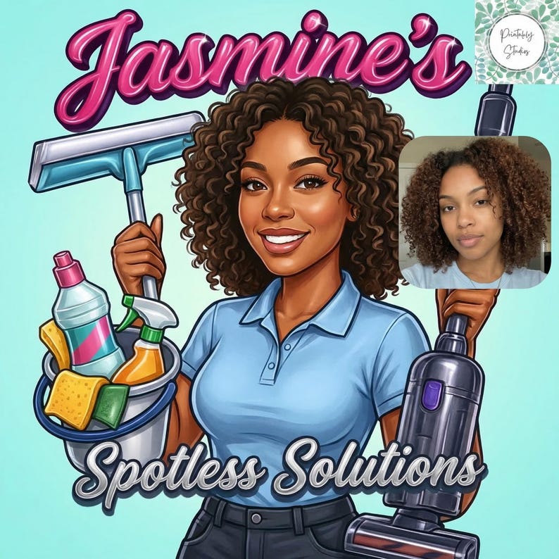 Custom Cleaning Business Logo Design: Cartoon Portrait, Housekeeping Service (Digital Download) image 11