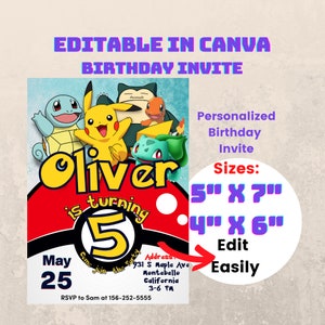 Poke Invitation |  Birthday Party invite | Digital Poke Card Invitation Printable Birthday Party Printable Party Invitations 5x7 Inches PKMN