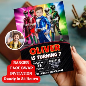 Super Rangers Helden personalisierte Geburtstagseinladung mit Foto, Kinder-Gesichtstausch-Geburtstagseinladung, Foto-Geburtstagskarte, 13x18 Zoll