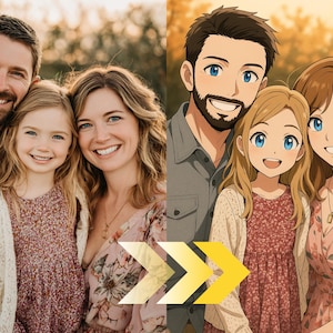 Portrait de famille personnalisé de style anime - transformez votre photo de famille en art anime personnalisé mignon - téléchargement numérique, portrait de famille personnalisé