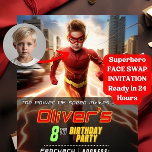 Convite de aniversário personalizado com troca de rosto de super-herói, convite de aniversário de super-herói velocista, cartão de aniversário com troca de rosto, 5x7