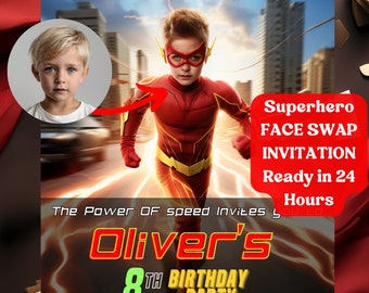 Custom Superhero Flash Theme Face Swap Birthday Invitation, Speedster Superhero Flash Birthday Invite, Face Swap Birthday Card, 5x7