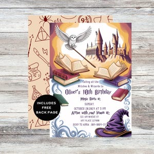 Bewerkbare Wizards heksen verjaardagsuitnodiging magische verjaardagsuitnodiging kasteel Wizardry Party download afdrukbare sjabloon digitale HPTR