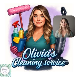 May include: Illustration of a woman with blonde hair, wearing a teal top, holding cleaning supplies. The image includes a mop, bucket, spray bottles, and the text "Olivia's Cleaning Service."