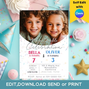 May include: A colorful birthday invitation with a photo of two children, a girl and a boy, with the text "It's a Double Celebration Bella is turning 7 & Oliver is turning 3" and details for the party, including the date, time, location, and dress code.