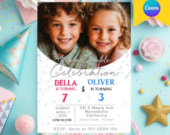 Editable Joint Birthday Party Canva Template,Sibling Birthday Photo Invitations, Rainbow Confetti,Double Birthday,Double the fun Invite