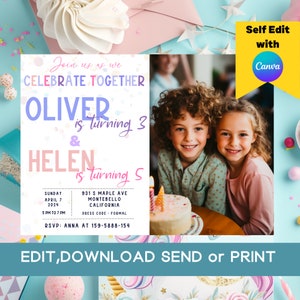 Modèle modifiable sur toile pour fête d'anniversaire commune, faire-parts photo d'anniversaire de frères et sœurs, confettis arc-en-ciel, double anniversaire, doubler l'invitation amusante