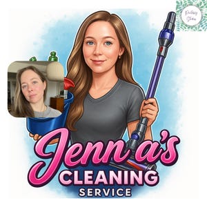 May include: Illustration of a woman holding a vacuum cleaner and a cleaning bucket. The image includes the text "Jenn's CLEANING SERVICE" in pink and white. A smaller image of the woman is in the upper left corner.
