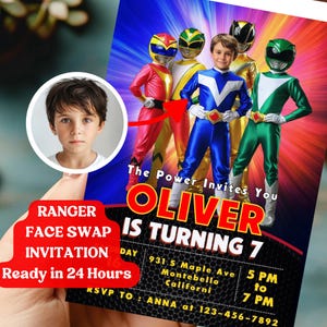 May include: A colorful invitation for a 7th birthday party featuring a photo of a boy dressed as a blue Power Ranger. The invitation says "The Power Invites You Oliver is Turning 7" and includes the date, time, and location of the party.