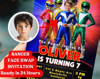 Invitation Personalized with Photo | Custom Superhero Photo Birthday Invitation | Kid Ranger Face Swap Birthday Invitation | 5x7 Inch Size