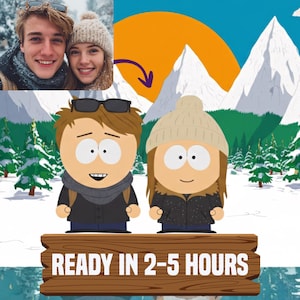 May include: A digital illustration showing two cartoon characters standing on a wooden sign with the text "READY IN 2-5 HOURS." The background features a mountain range, a setting sun, and a photo of a smiling couple. The cartoon characters are wearing winter clothing.