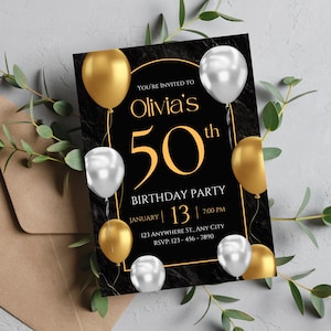 50. Geburtstag Party Einladung goldenen Ballon, fünfzig Party einladen, digitale 50. Geburtstag Party Vorlage digitaler Sofort Download 5 x 7 Zoll