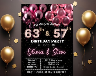 Editable Adult Joint Birthday Party Invitation, Double Birthday Party Invite, Printable, Pink Glitter, Editable Template, Instant Download
