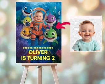 Personalized Shark Birthday Welcome Sign: Underwater Face Swap (24x36 Inches)