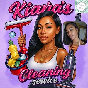 May include: A cartoon-style illustration featuring a woman with long black hair, wearing a white top and a gold necklace. The image includes cleaning supplies like a bucket, spray bottle, and a vacuum cleaner. The text "Kiara's Cleaning Service" is displayed in pink.