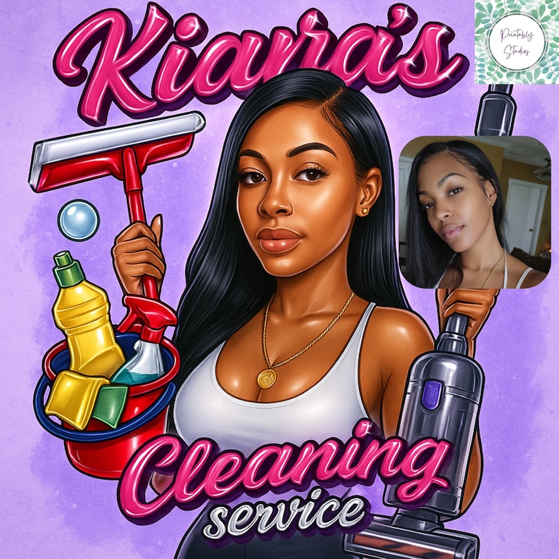 May include: A cartoon-style illustration featuring a woman with long black hair, wearing a white top and a gold necklace. The image includes cleaning supplies like a bucket, spray bottle, and a vacuum cleaner. The text "Kiara's Cleaning Service" is displayed in pink.
