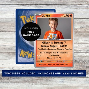 Invito di compleanno con carta Pokemone con foto Modello modificabile stampabile Invito Canva Charmander 5x7 e 2,5 x 3,5 pollici PKMN