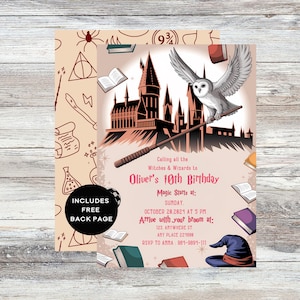 Bewerkbare Wizards heksen verjaardagsuitnodiging magische verjaardagsuitnodiging kasteel Wizardry Party download afdrukbare sjabloon digitale HPTR