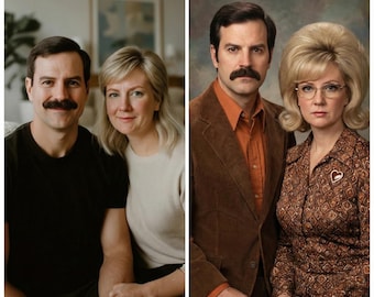 May include: A split image shows a couple before and after a style transformation. The "Before" image features the couple in casual attire. The "After" image shows them in vintage clothing, with the man in a brown corduroy jacket and the woman in a patterned dress.